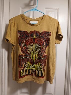 Mother Mustard Graphic Tee with Red & Black Vintage Poster Print Sz.S/M